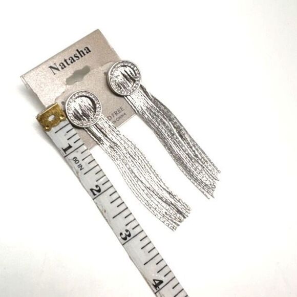 NWT Natasha Silver Tone Fringe Dangle & Pave Rhinestone Earrings Cocktail - Picture 3 of 10